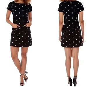 Yumi Black Sailboat Print Short Sleeve Shift Dress Womens Sz S Pockets Nautical